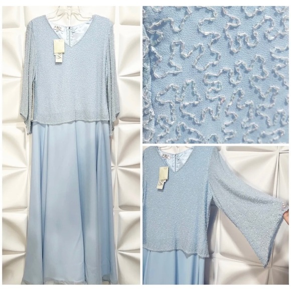 Jkara Sz 10P Ice Blue Long Formal Beaded Gown Dress V Neck NEW - Picture 1 of 8